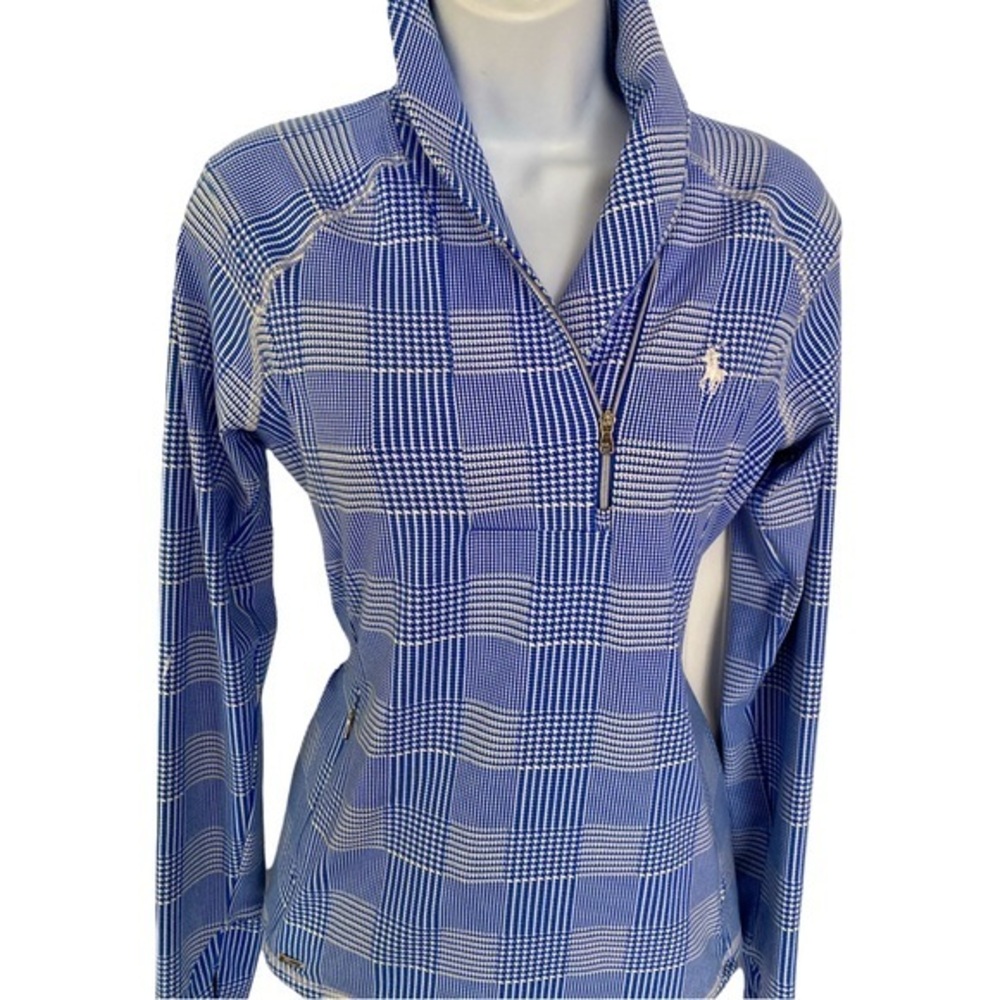 Lauren Polo Golf Quarter Zip Top - S blue white plaid.  polyester spandex